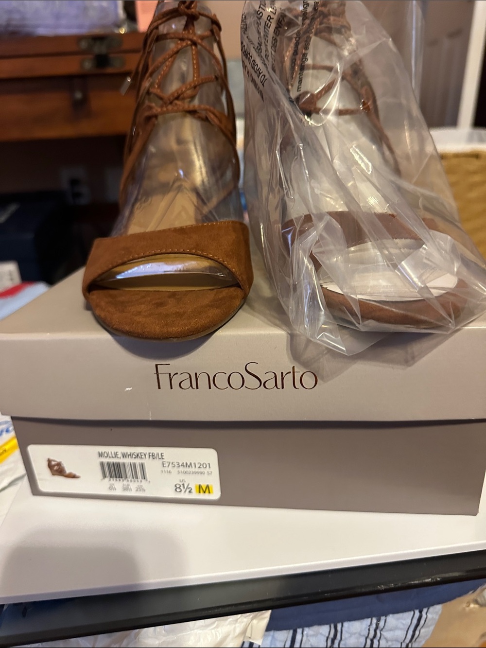 Franco Sarto Whiskey Brown Suede Lace-Up Open Toe Heels